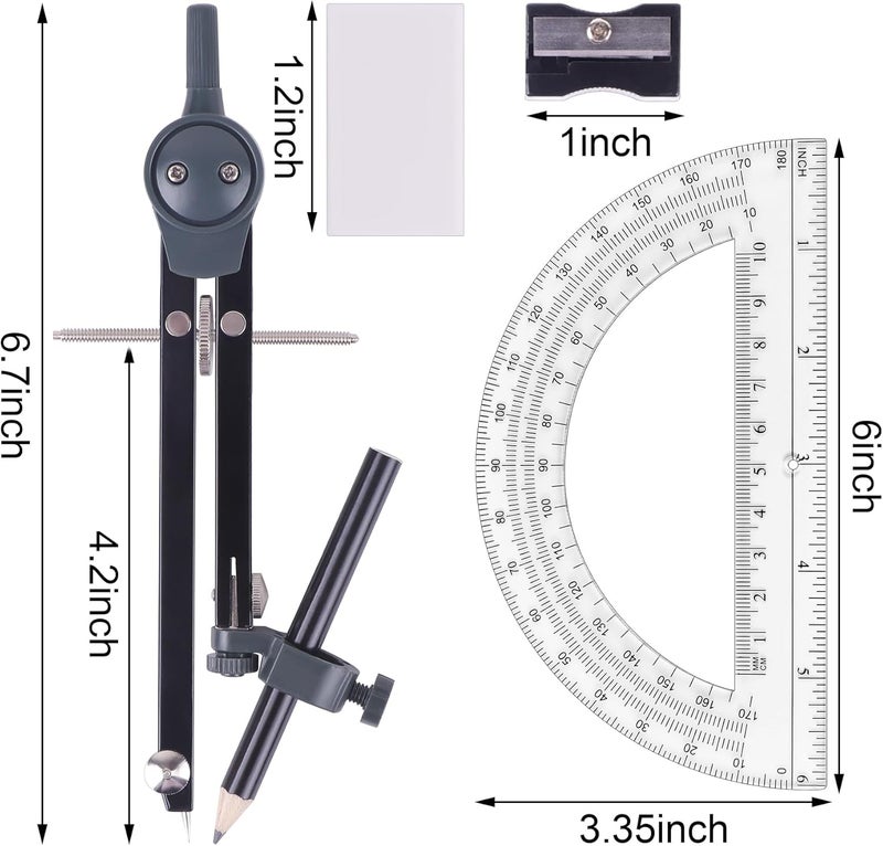 Unjoo Professional Compass for Geometry Set, Metal Compass with Wheel and Lock for Geometry, Drawing Compass Tool, Circle Drafting Tool, and 6 Inch Math Protractors 180 Degree (Black) - Image 2